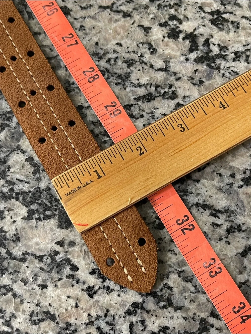 Brown Suede Leather Belt Perforated Contrast Stitching Gun Metal Buckle Men 27